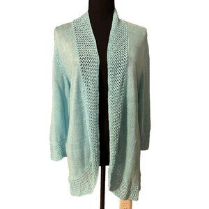Chicos 3 Open Knit Cardigan Sweater Turquoise Blue Linen Shawl Collar Open Front